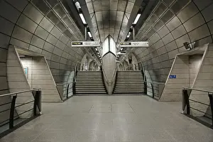 Platforms Prints: Central passenger access tunnel at Southwark Underground Station on London's Jubilee Line