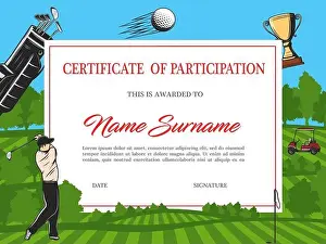 Certificate of participation in golf tournament vector template. Diploma with golfer hitting ball on green field with flag, balls, car and sportsman e
