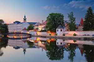 Ceske Budejovice, Czech Republic. Cityscape image of downtown Ceske Budejovice, Czech Republic with reflection of the city in the Malse River at summe