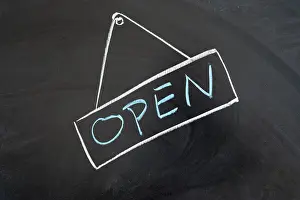Informative Prints: Chalk drawing - Open word written on chalkboard
