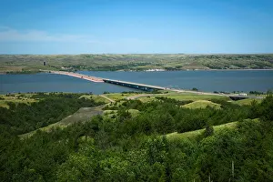 Distance Prints: Chamberlain South Dakota USA distant scenic view of Missouri River from a hill near blue sky landscape nobody outside