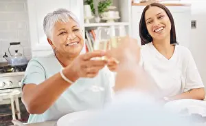 Old Woman Prints: Champagne, old woman and toast pov of person with grandmother and daughter in home kitchen