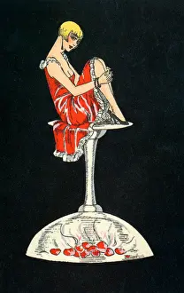 Romance Prints: Champagne Valentine A lovely 1920s card design with a winsome girl sitting on an upturned champagne glass