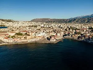 Chania Prints: Chania, Greece - May 21, 2021: Aerial top view by drone of Chania city