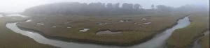 Aerial Landscape Collection: Channels meander through a foggy salt marsh in Pleasant Bay, Cape Cod, Massachusetts