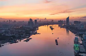 Town River Prints: Chao Phraya River at Sunrise, Bangkok, Thailand