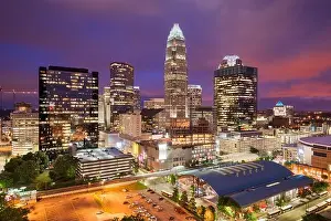 Charlotte, North Carolina, USA uptown skyline from above at dusk
