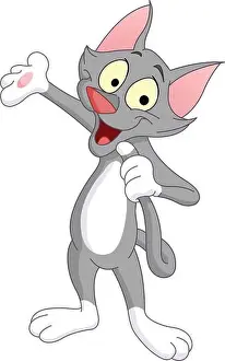Charming gray cat standing, talking into his tail and presenting with one paw