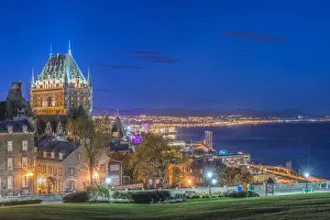 Old City Prints: Chateau Frontenac, lit up at night in Quebec City, view over the St Lawrence river