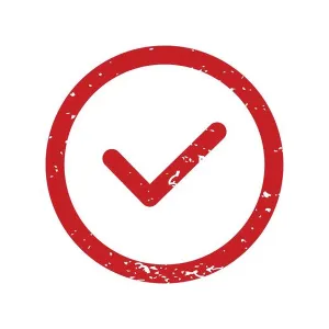 Check Mark Prints: Check list button stamp. Red circle frame imprint with scratched texture