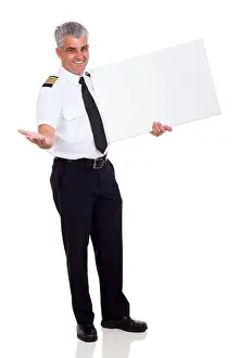 Presenting Prints: cheerful airline pilot advertising with blank banner