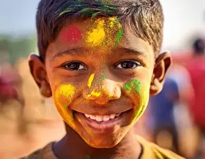 Rituals Prints: A cheerful boy beams as he is covered in colorful powders during the joyous Holi festival