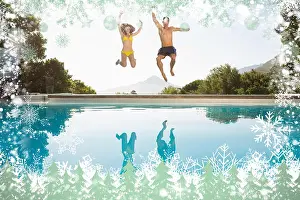 Free Time Prints: Cheerful couple jumping into swimming pool