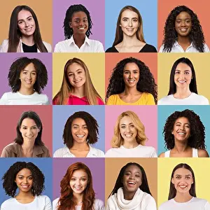 Femininity Prints: Cheerful young multiethnic ladies, set of portraits