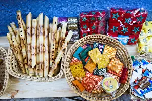 Chefchaouen, Morocco : Handicrafts for sale at a souvenirs stall in the alleyways of the blue-washed medina old town