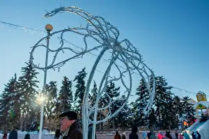 Cold Temperature Prints: Chelyabinsk, Russia - January 05, 2021. Floral installation of garlands in the ice town
