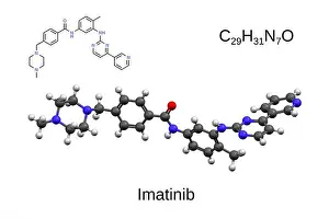 Hydrogen Prints: Chemical formula, structural formula and 3D ball-and-stick model of the anticancer drug imatinib