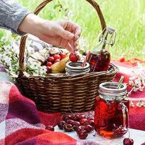 Croissant Prints: Cherry juice in mason jar and young woman hand holding a berry
