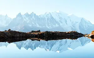 Chesery lake (Lac De Cheserys) and snowy Monte Bianco mountains range on background, Chamonix, France Alps
