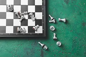 Checkerboard Prints: Chess pieces with game board on color background