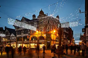 Things Prints: Chester town centre christmas lights cross Town centre busy crowded shops tudor buildings architecture night evening