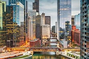 Images Dated 8th May 2018: Chicago, IL, USA downtown cityscape on the Chicago River at dusk