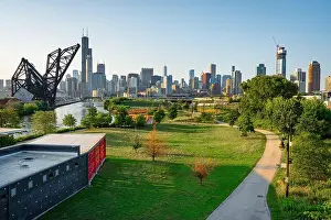 Rental Prints: Chicago, Illinois skyline at dusk with footpath and park