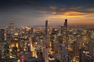 Images Dated 22nd October 2018: Chicago, Illinois, USA aerial cityscape with financial district buildings at dusk
