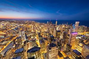 Landscape Prints: Chicago, Illinois, USA aerial cityscape towards Lake Michigan at dusk