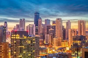 Images Dated 9th May 2018: Chicago, Illinois, USA aerial downtown skyline at dusk towards Lake Michigan