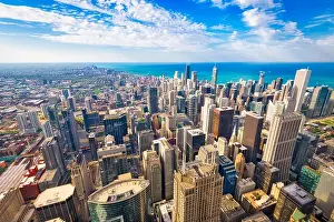 Chicago, Illinois, USA aerial downtown skyline in the afternoon towards Lake Michigan