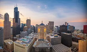 Chicago, Illinois, USA aerial downtown skyline at dusk