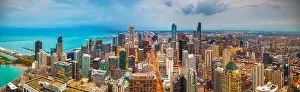 Chicago, Illinois, USA aerial downtown skyline at dusk towards Lake Michigan