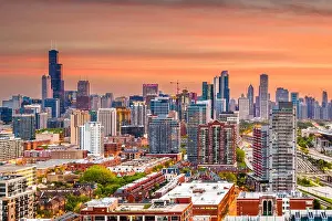Chicago, Illinois, USA aerial downtown skyline at dusk towards Lake Michigan