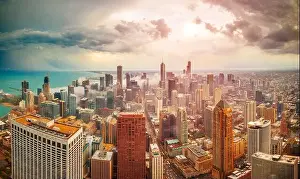 Chicago, Illinois, USA aerial downtown skyline at dusk towards Lake Michigan