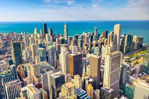Chicago, Illinois USA aerial skyline towards Lake Michigan in the afternoon