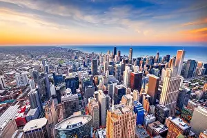 Chicago, Illinois USA aerial skyline towards Lake Michigan just after sunset