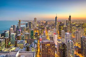 Chicago, Illinois USA aerial skyline towards Lake Michigan just after sunset