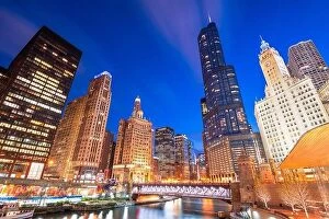 Images Dated 9th May 2018: Chicago, Illinois, USA cityscape on the river at twilight
