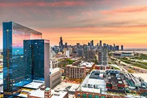Landscape Prints: Chicago, Illinois, USA downtown city skyline from the south side at twilight