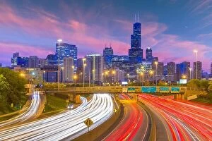Images Dated 11th May 2018: Chicago, Illinois, USA downtown skyline over highways at twilight