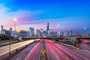 Rush Hour Prints: Chicago, Illinois, USA downtown skyline over highways at twilight