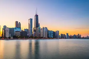 Chicago, Illinois, USA downtown skyline from Lake Michigan at dusk