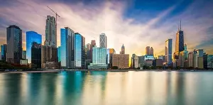 Chicago, Illinois, USA downtown skyline from Lake Michigan at dusk
