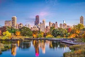 Chicago, Illinois, USA downtown skyline from Lincoln Park at twilight