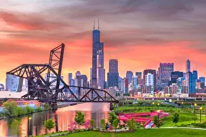 Chicago, Illinois, USA park and downtown skyline at twilight
