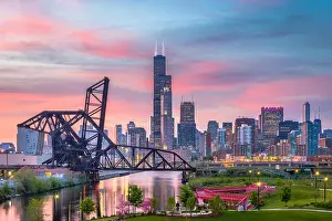 Chicago, Illinois, USA park and downtown skyline at twilight