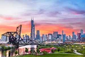 Chicago, Illinois, USA park and downtown skyline at twilight in spring