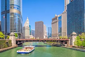 Chicago Illinois Prints: Chicago, Illinois, USA sightseeing cruise and skyline on the river