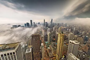 Chicago Illinois Prints: Chicago, Illinois, USA skyline from above with storm clouds and fog rolling in